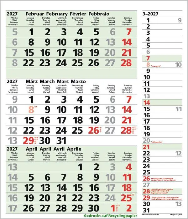 Bild: 9783819302381 | 3-Monats-Planer Combi Recyclingpapier 2027 | Verlag Korsch | Kalender