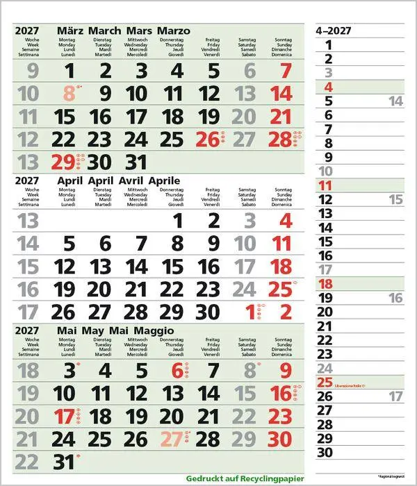 Bild: 9783819302381 | 3-Monats-Planer Combi Recyclingpapier 2027 | Verlag Korsch | Kalender