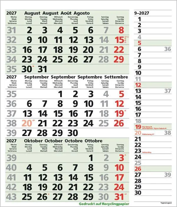 Bild: 9783819302381 | 3-Monats-Planer Combi Recyclingpapier 2027 | Verlag Korsch | Kalender