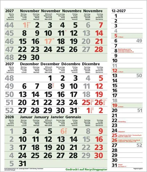 Bild: 9783819302381 | 3-Monats-Planer Combi Recyclingpapier 2027 | Verlag Korsch | Kalender
