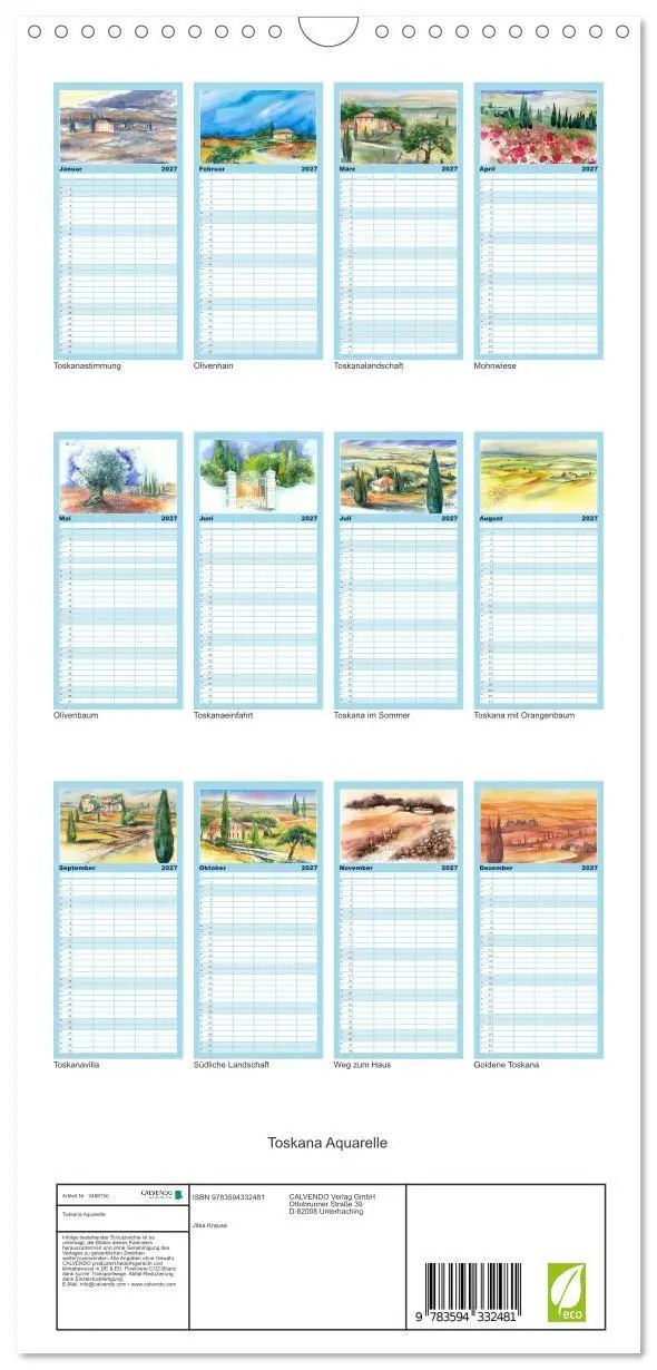 Bild: 9783594332481 | Familienplaner 2027 - Toskana Aquarelle mit 5 Spalten...