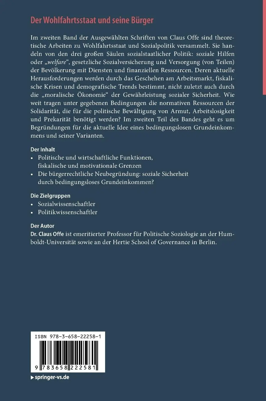 Rückseite: 9783658222581 | Der Wohlfahrtsstaat und seine Bürger | Claus Offe | Buch | xv | 2018