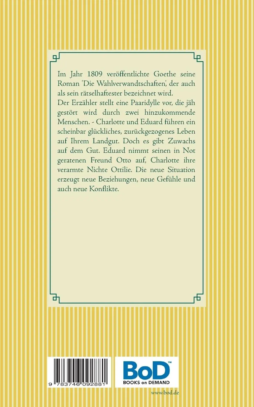 Rückseite: 9783746092881 | Die Wahlverwandtschaften | Johann Wolfgang von Goethe | Taschenbuch