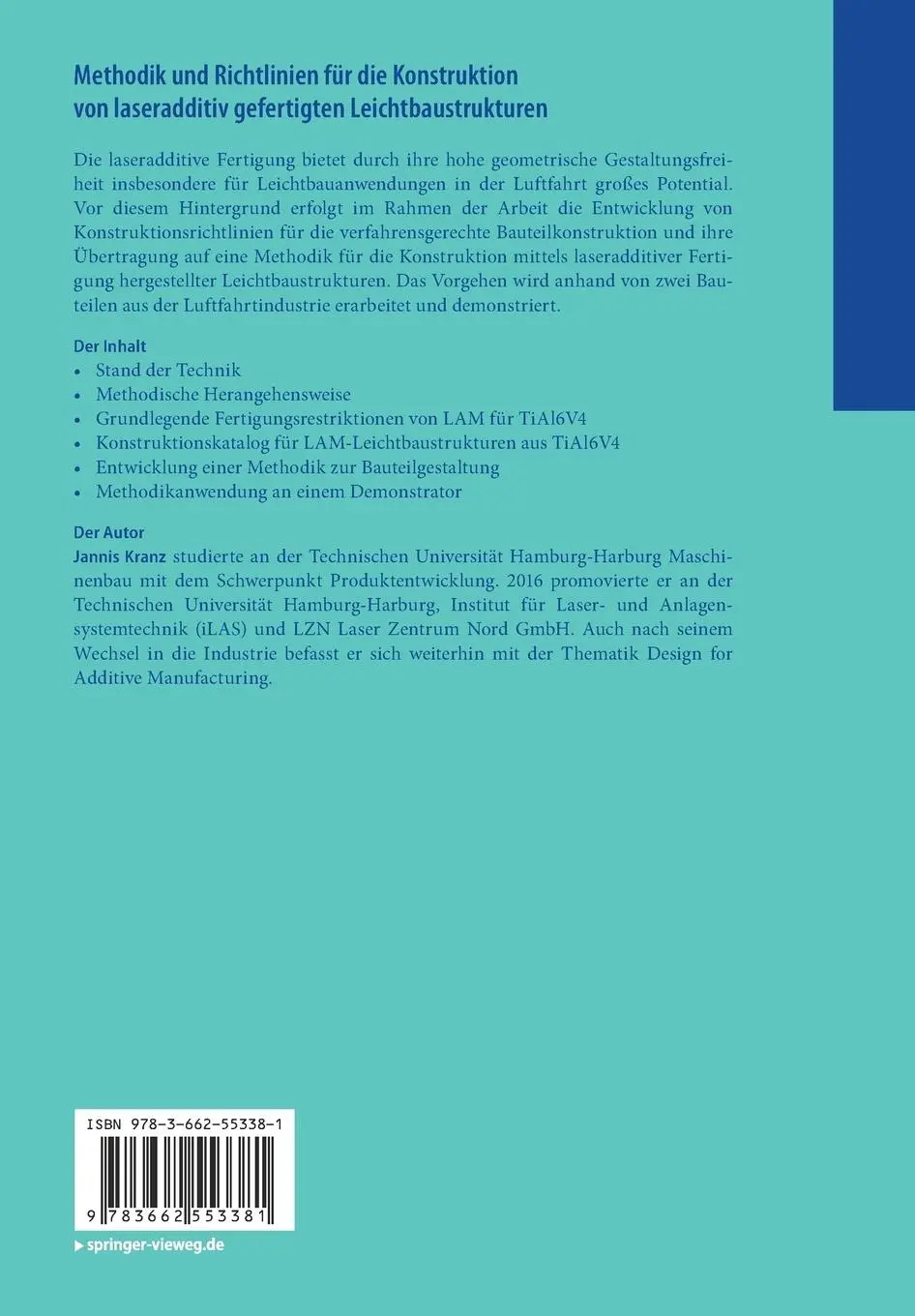 Rückseite: 9783662553381 | Methodik und Richtlinien für die Konstruktion von laseradditiv...
