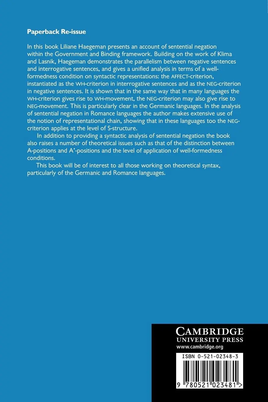 Rückseite: 9780521023481 | The Syntax of Negation | Liliane Haegeman | Taschenbuch | Englisch