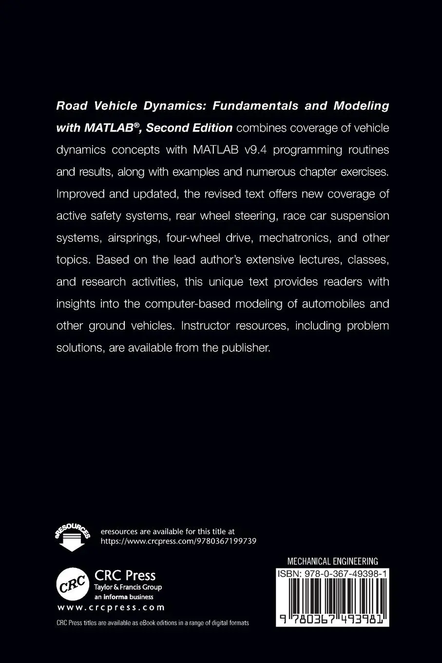 Rückseite: 9780367493981 | Road Vehicle Dynamics | Fundamentals and Modeling with MATLAB® | Buch