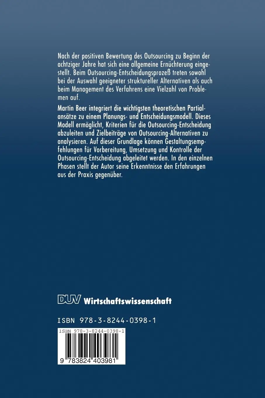 Rückseite: 9783824403981 | Outsourcing unternehmensinterner Dienstleistungen | Martin Beer | Buch