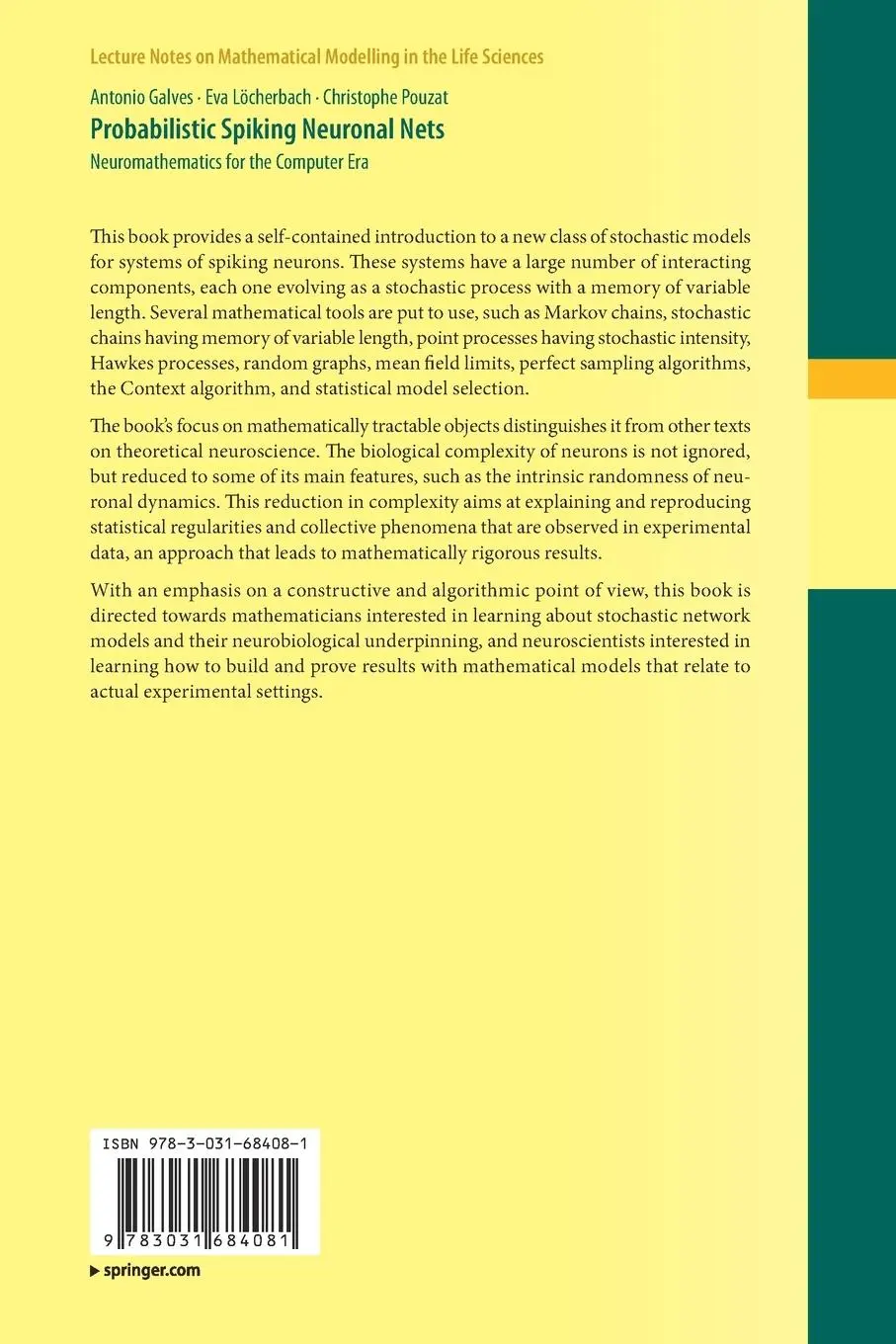 Rückseite: 9783031684081 | Probabilistic Spiking Neuronal Nets | Antonio Galves (u. a.) | Buch
