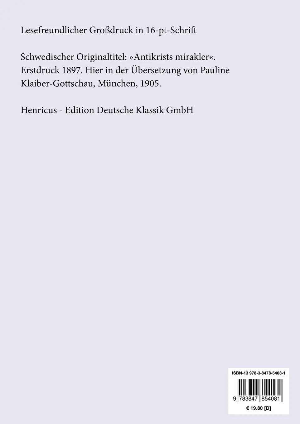 Rückseite: 9783847854081 | Die Wunder des Antichrist (Großdruck) | Roman | Selma Lagerlöf | Buch
