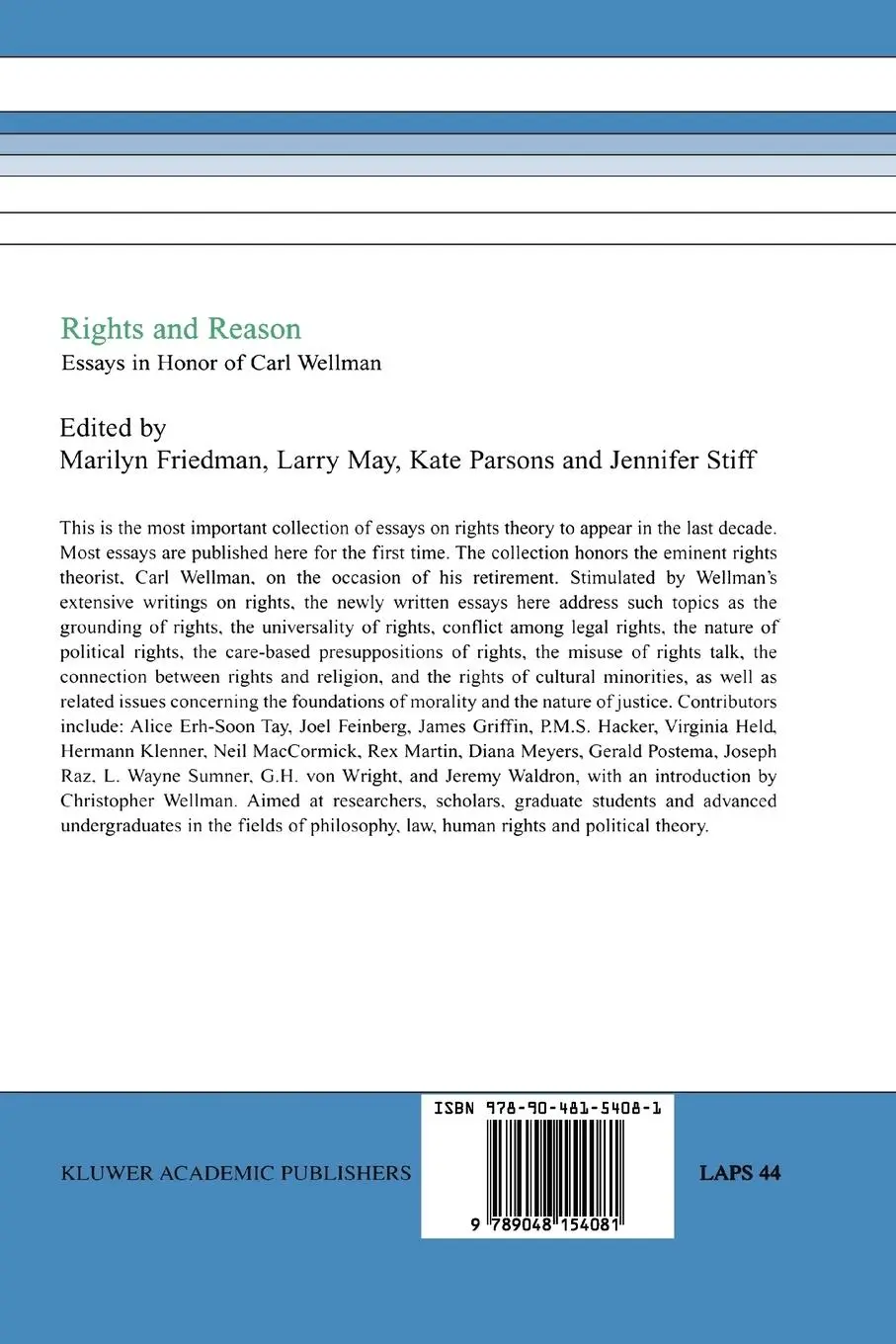 Rückseite: 9789048154081 | Rights and Reason | Essays in Honor of Carl Wellman | Friedman (u. a.)