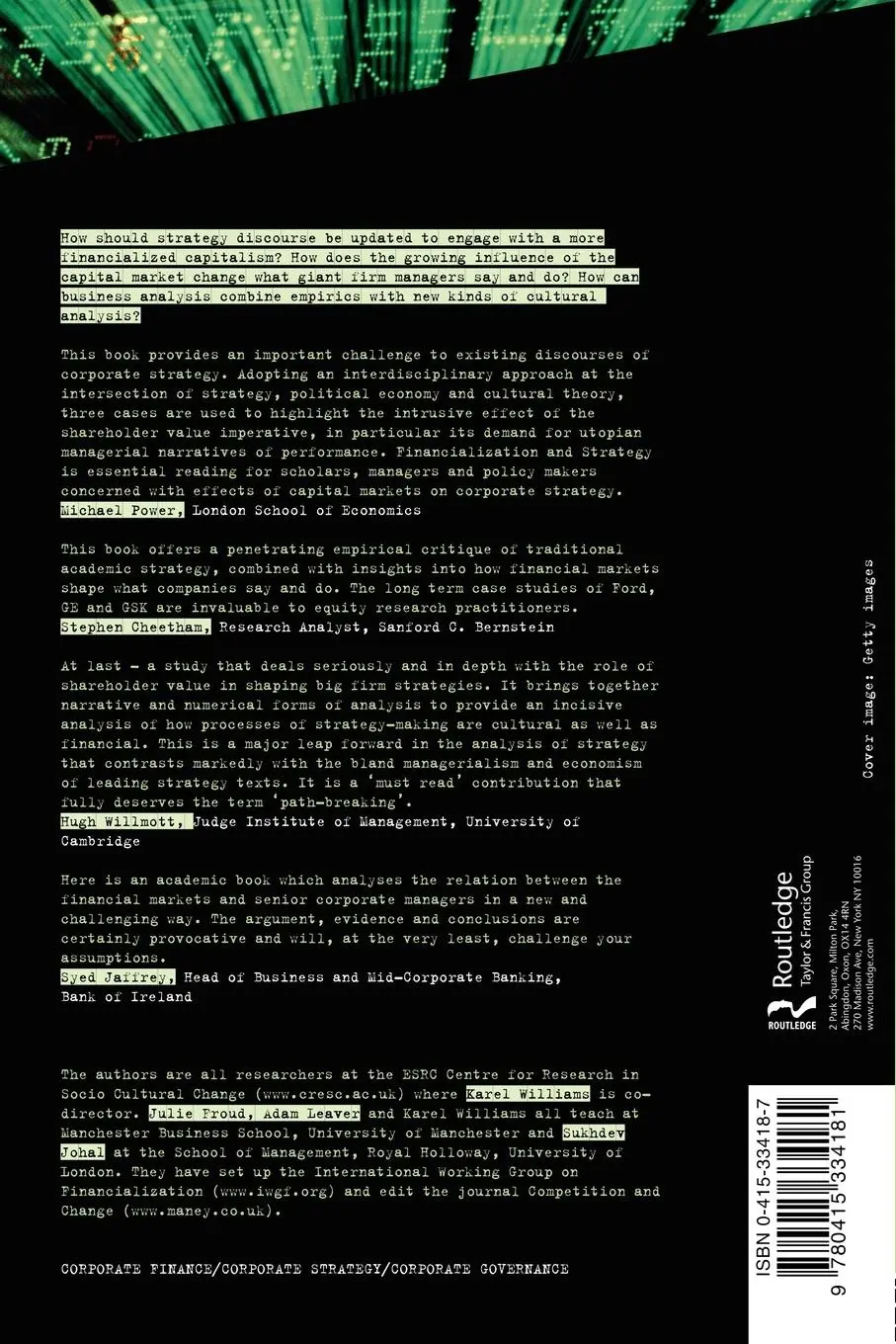 Rückseite: 9780415334181 | Financialization and Strategy | Narrative and Numbers | Froud (u. a.)