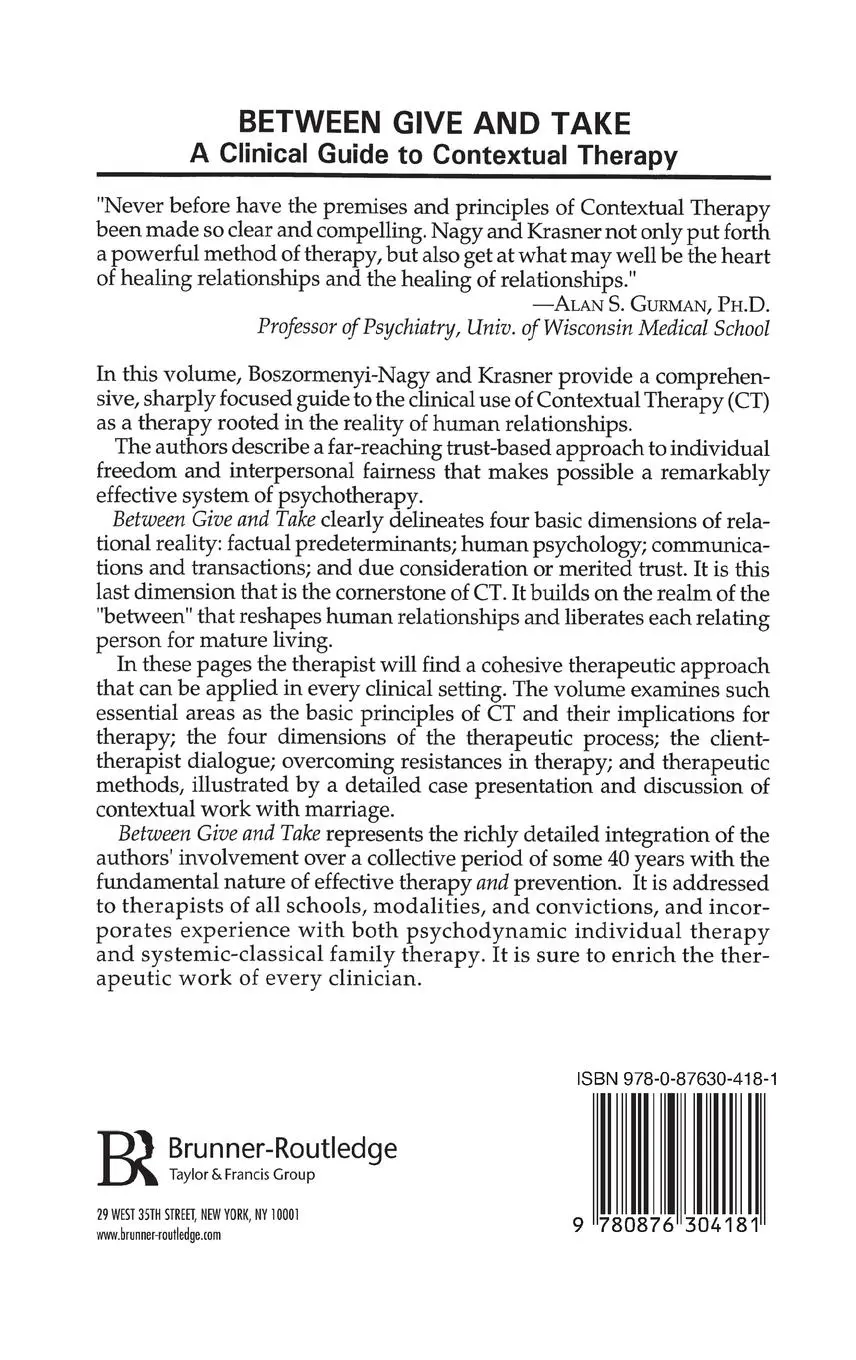 Rückseite: 9780876304181 | Between Give And Take | A Clinical Guide To Contextual Therapy | Buch