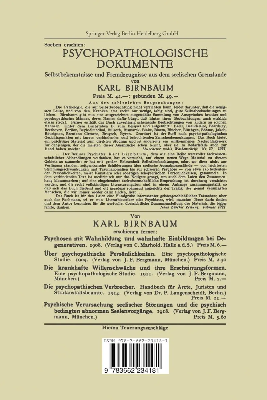 Rückseite: 9783662234181 | Kriminal-Psychopathologie | Systematische Darstellung | Karl Birnbaum