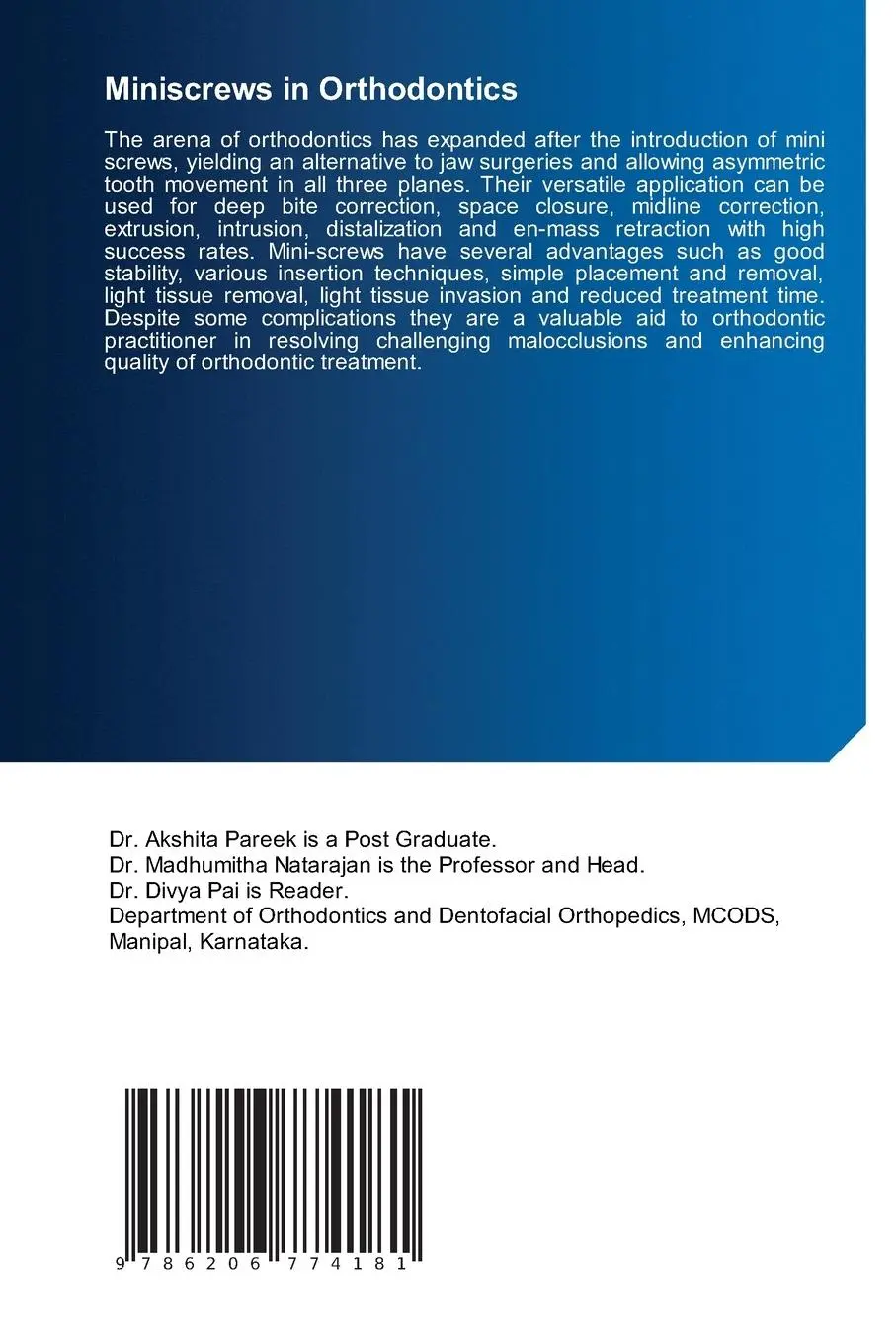 Rückseite: 9786206774181 | Miniscrews in Orthodontics | Akshita Pareek (u. a.) | Taschenbuch