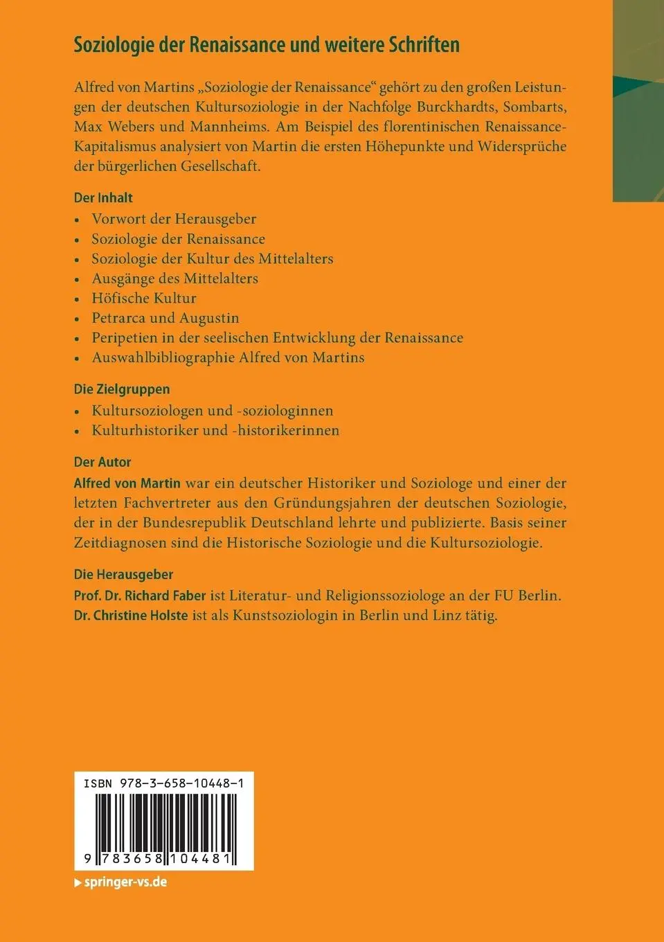 Rückseite: 9783658104481 | Soziologie der Renaissance und weitere Schriften | Alfred von Martin