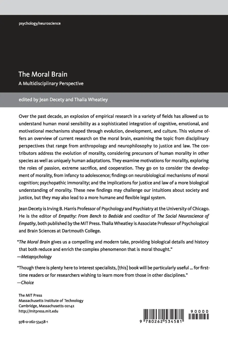 Rückseite: 9780262534581 | The Moral Brain | A Multidisciplinary Perspective | Decety (u. a.)