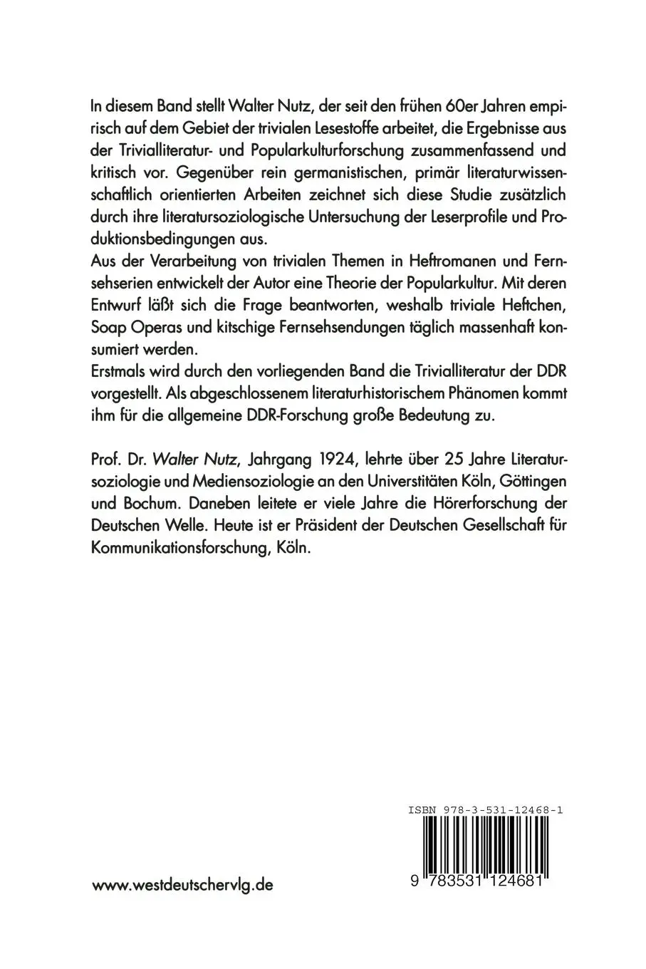 Rückseite: 9783531124681 | Trivialliteratur und Popularkultur | Walter Nutz | Taschenbuch | 1999