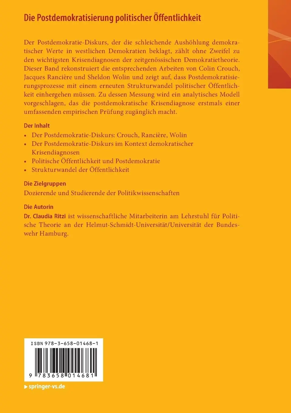 Rückseite: 9783658014681 | Die Postdemokratisierung politischer Öffentlichkeit | Claudia Ritzi
