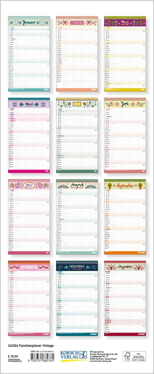 Bild: 9783731884781 | Familienplaner Vintage Zetteltasche 2026 | Verlag Korsch | Kalender