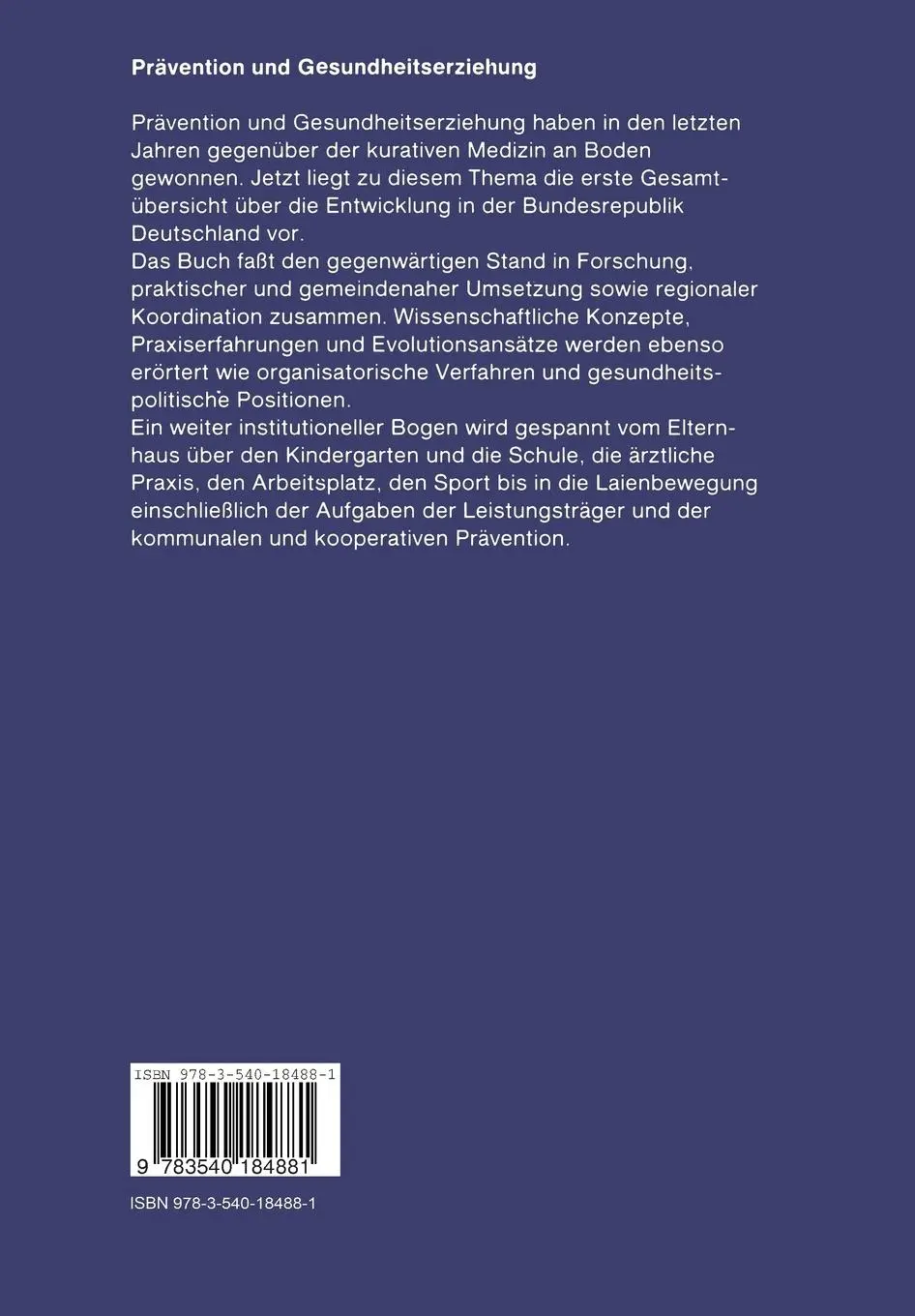 Rückseite: 9783540184881 | Prävention und Gesundheitserziehung | U. Laaser (u. a.) | Taschenbuch