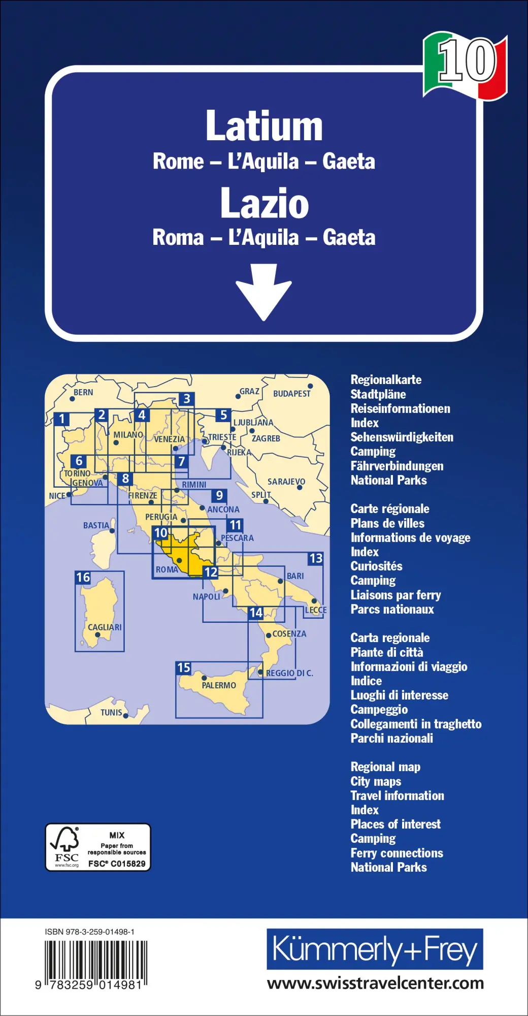Rückseite: 9783259014981 | Kümmerly+Frey Regional-Strassenkarte 10 Latium 1:200.000 | AG | 2023
