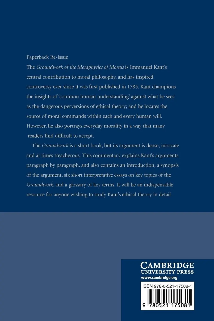 Rückseite: 9780521175081 | Kant's Groundwork of the Metaphysics of Morals | A Commentary | Buch