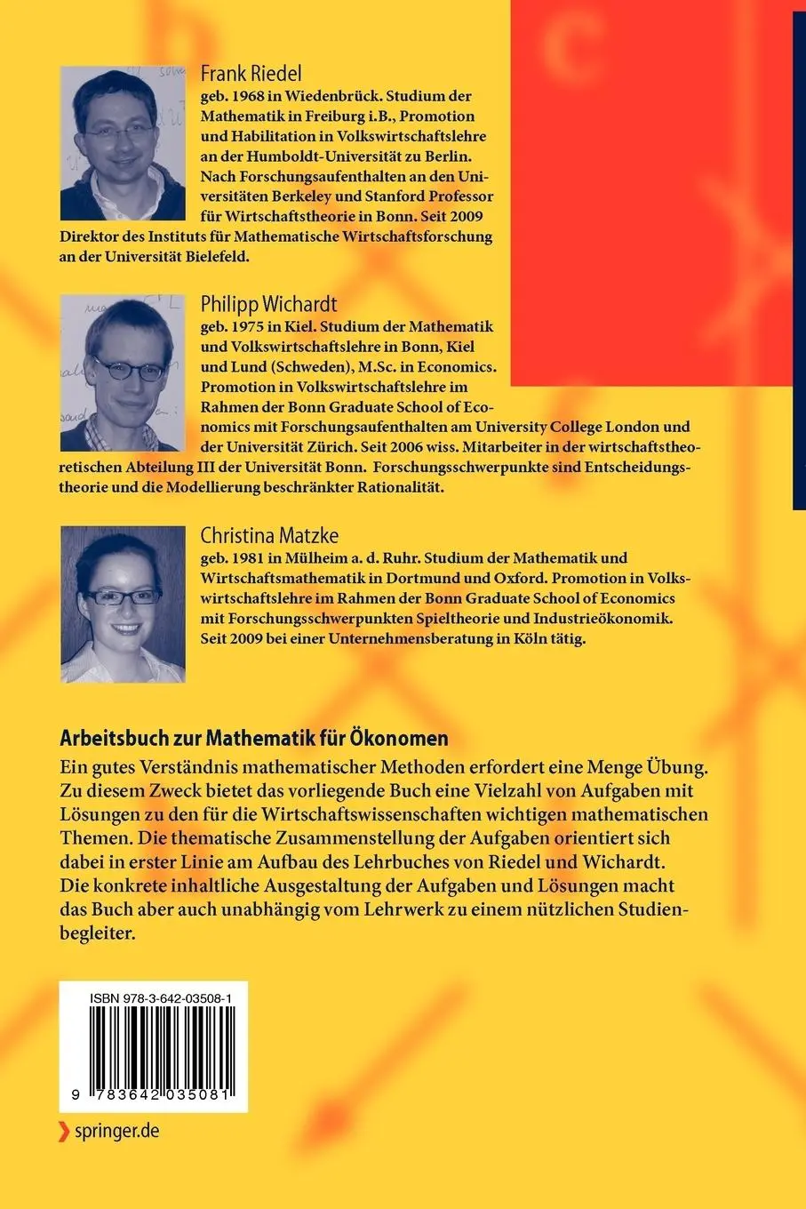 Rückseite: 9783642035081 | Arbeitsbuch zur Mathematik für Ökonomen | Übungsaufgaben und Lösungen