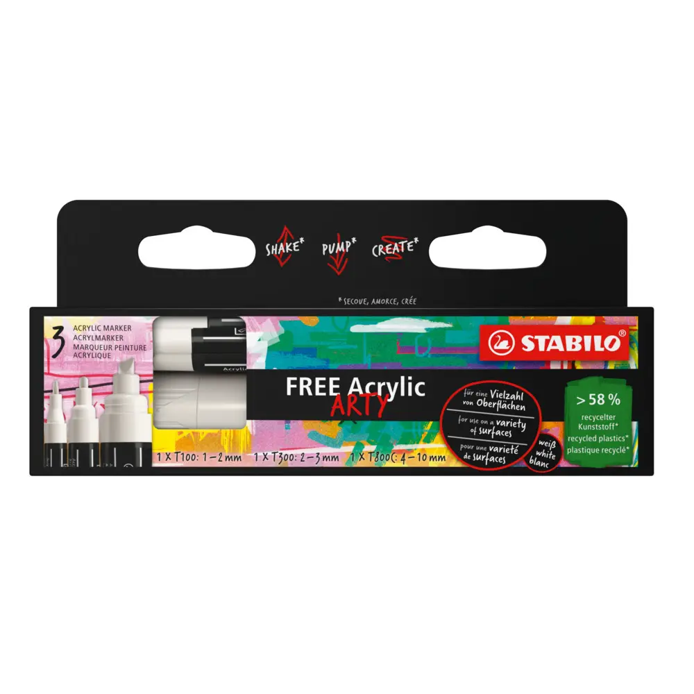 Cover: 4006381615181 | Acrylmarker, STABILO FREE Acrylic, 3er Pack, weiß, 3 verschiedene...