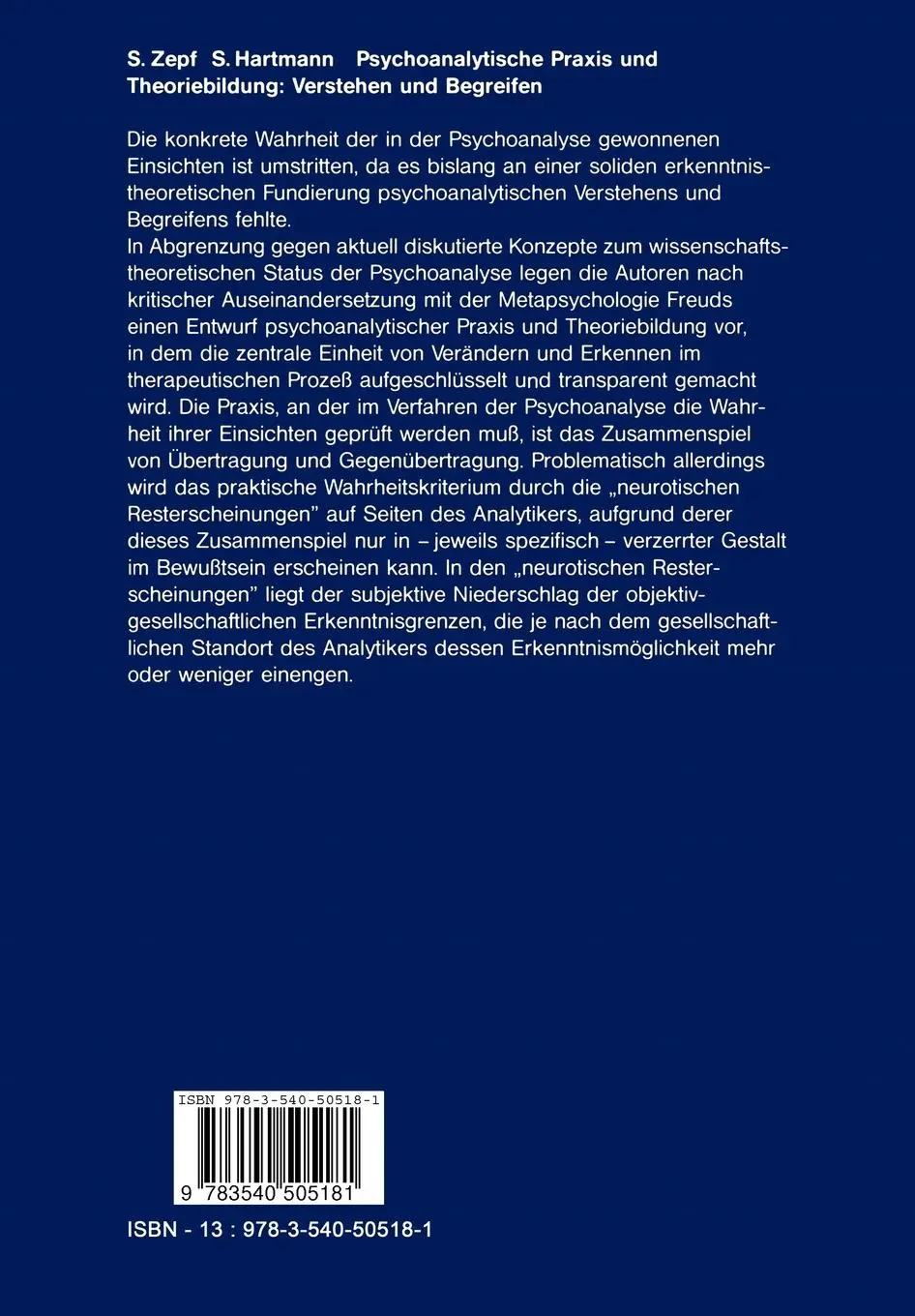 Rückseite: 9783540505181 | Psychoanalytische Praxis und Theoriebildung: Verstehen und Begreifen