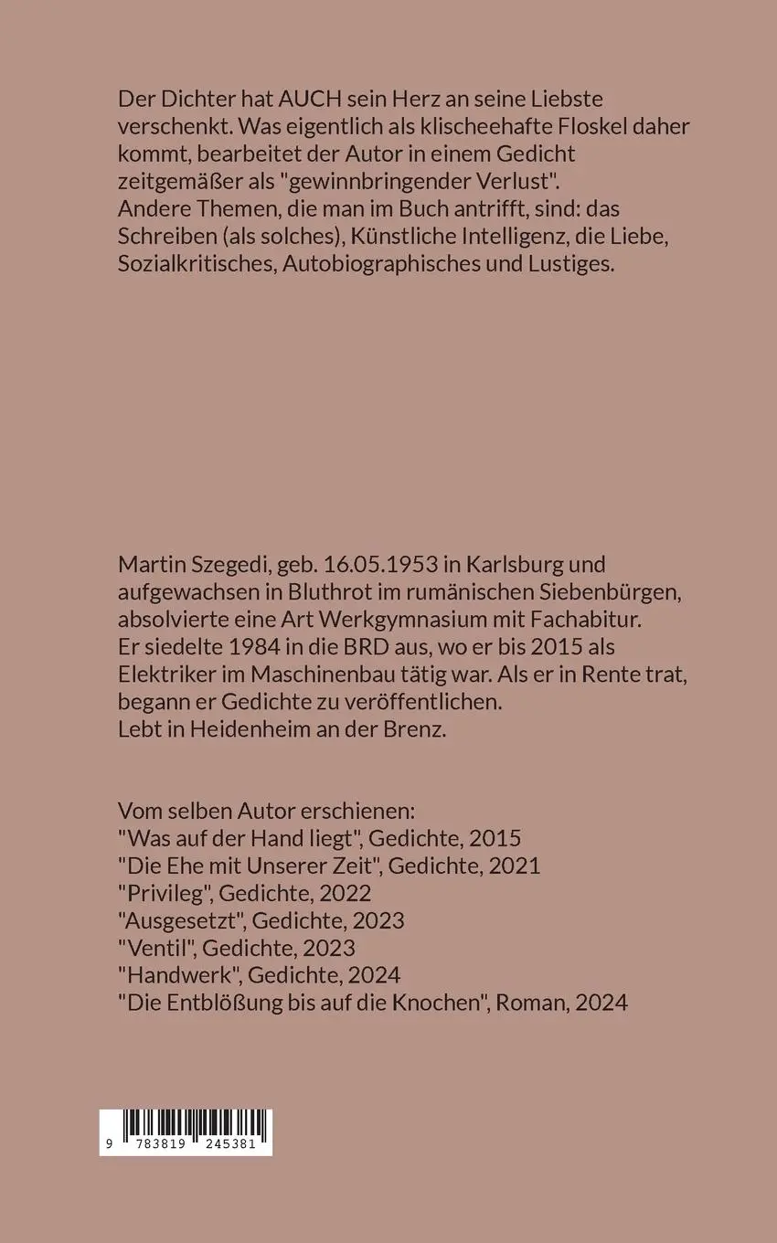 Rückseite: 9783819245381 | Gewinnbringender Verlust | Gedichte | Martin Szegedi | Taschenbuch