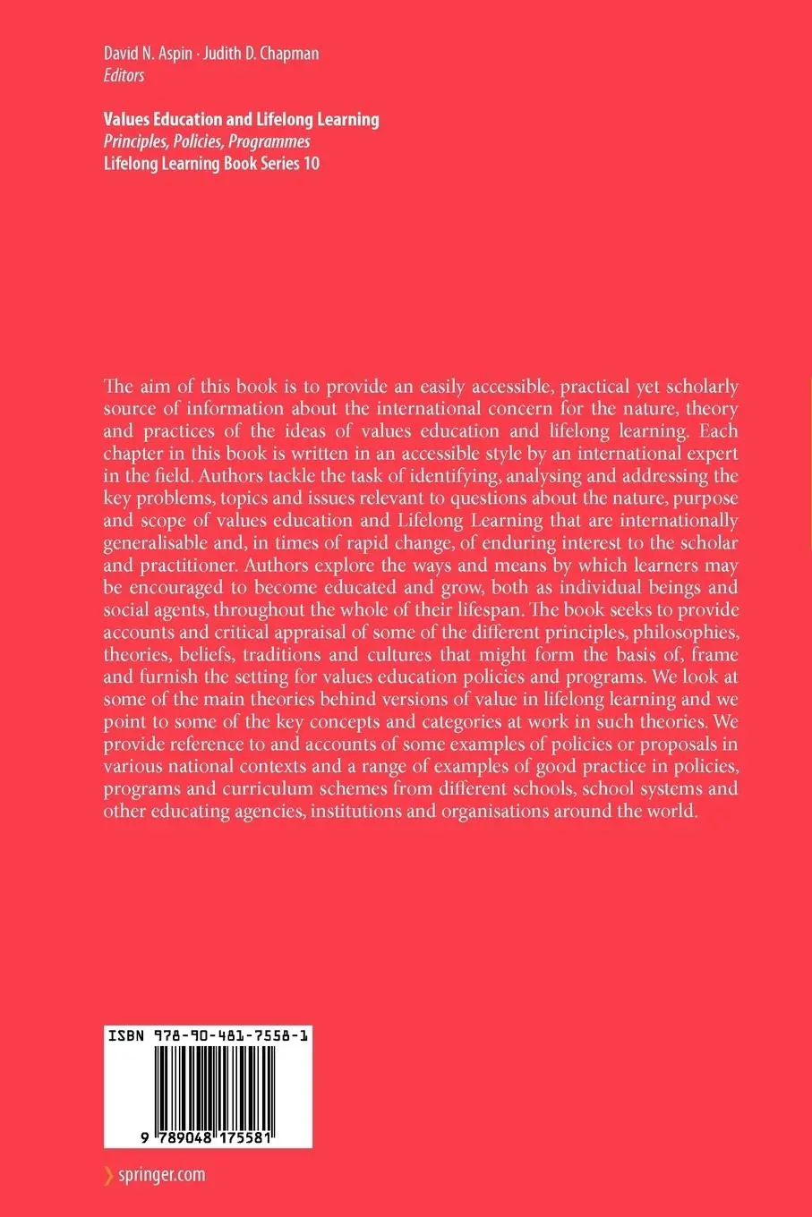 Rückseite: 9789048175581 | Values Education and Lifelong Learning | Judith D. Chapman (u. a.)