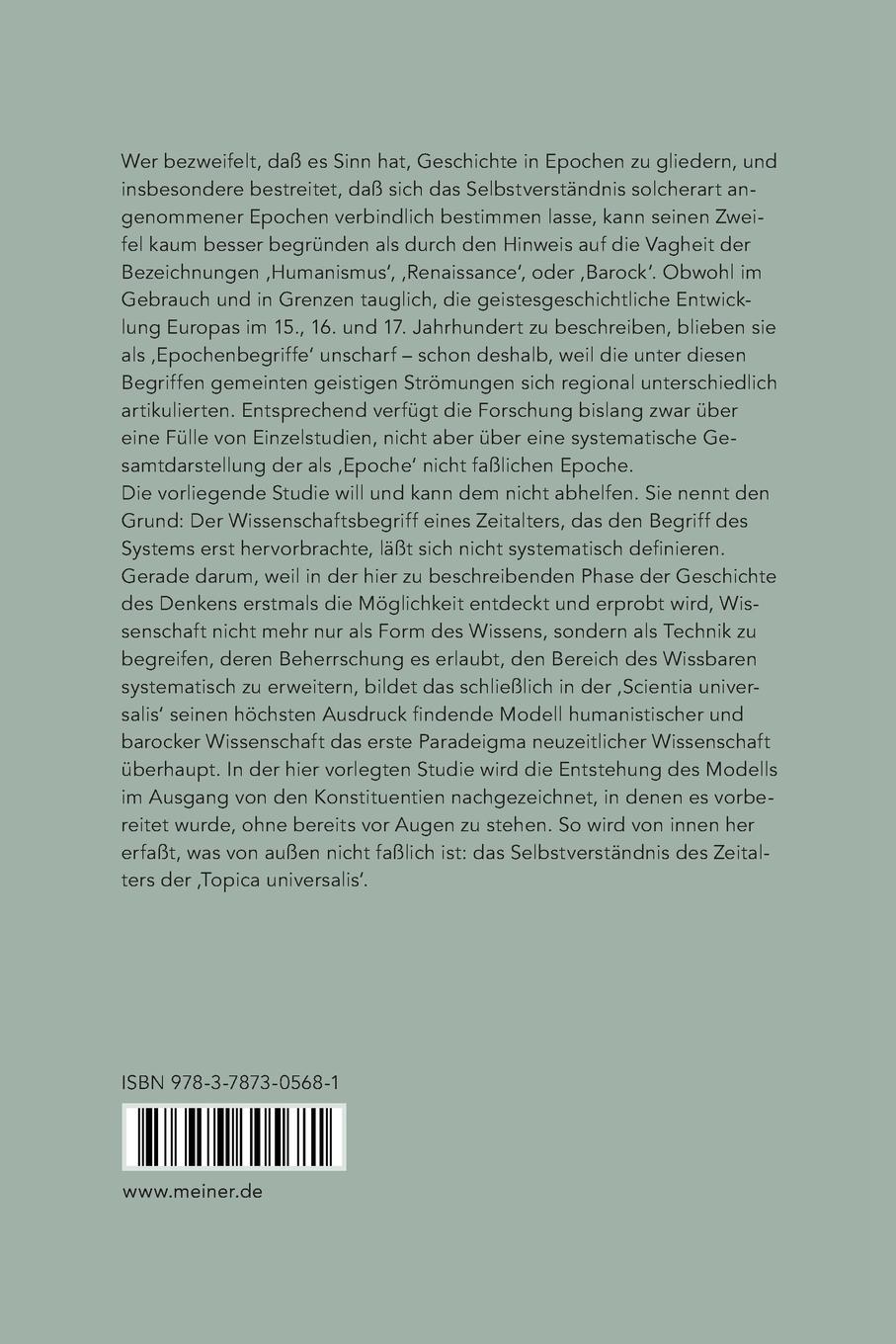 Rückseite: 9783787305681 | Topica Universalis | Wilhelm Schmidt-Biggemann | Taschenbuch | 362 S.