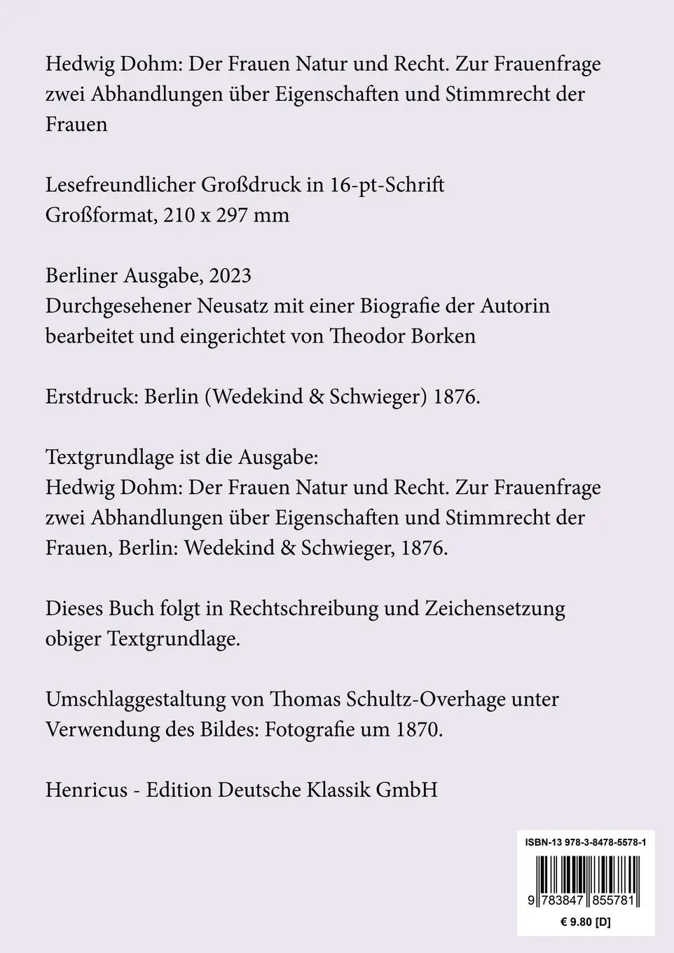 Rückseite: 9783847855781 | Der Frauen Natur und Recht (Großdruck) | Hedwig Dohm | Taschenbuch