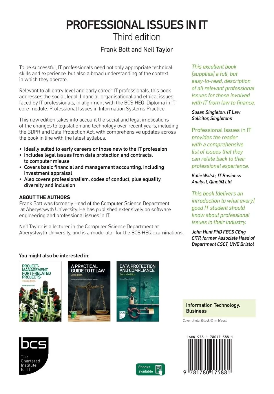 Rückseite: 9781780175881 | Professional Issues in IT | Third edition | Frank Bott (u. a.) | Buch