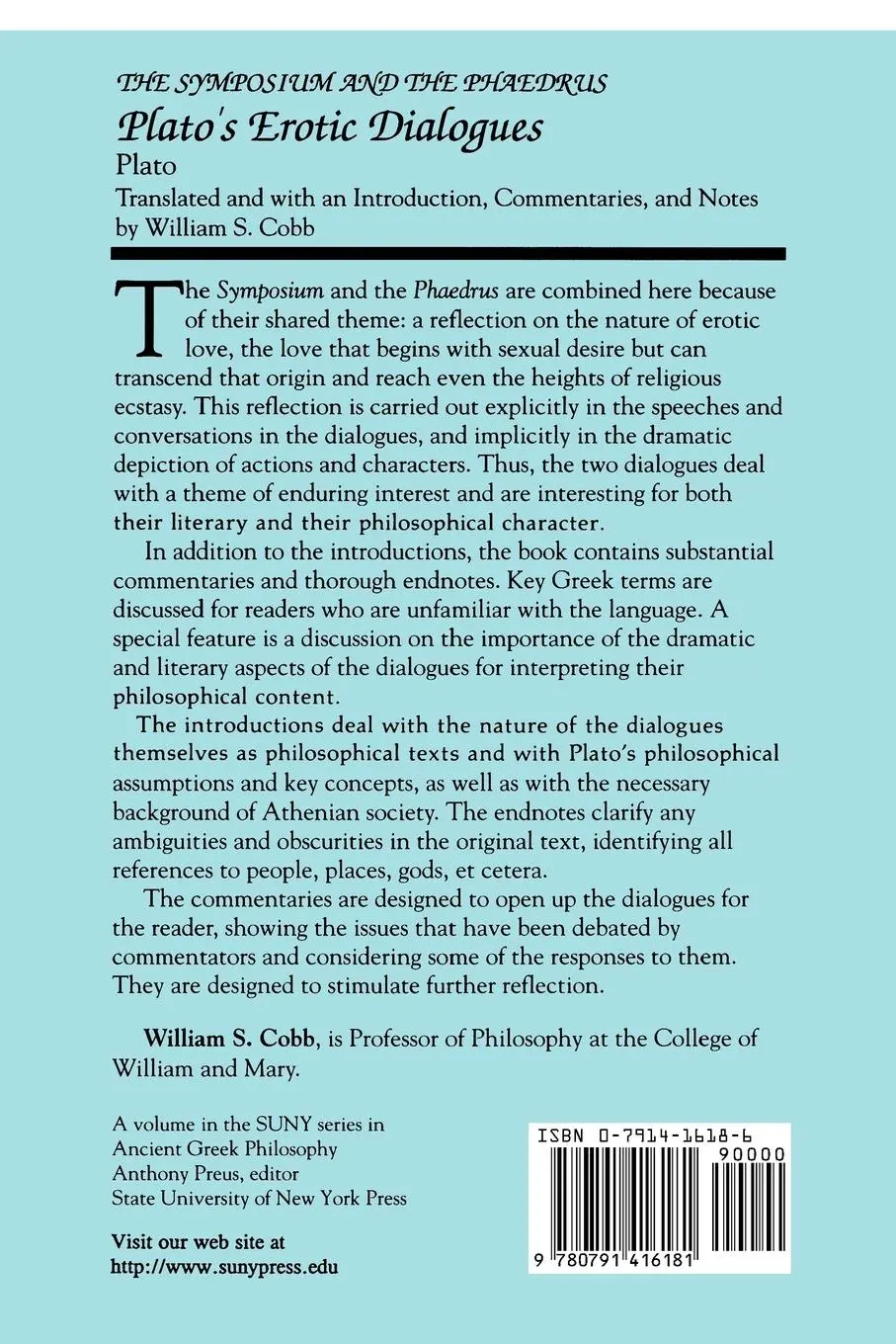 Rückseite: 9780791416181 | The Symposium and the Phaedrus | Plato's Erotic Dialogues | Plato