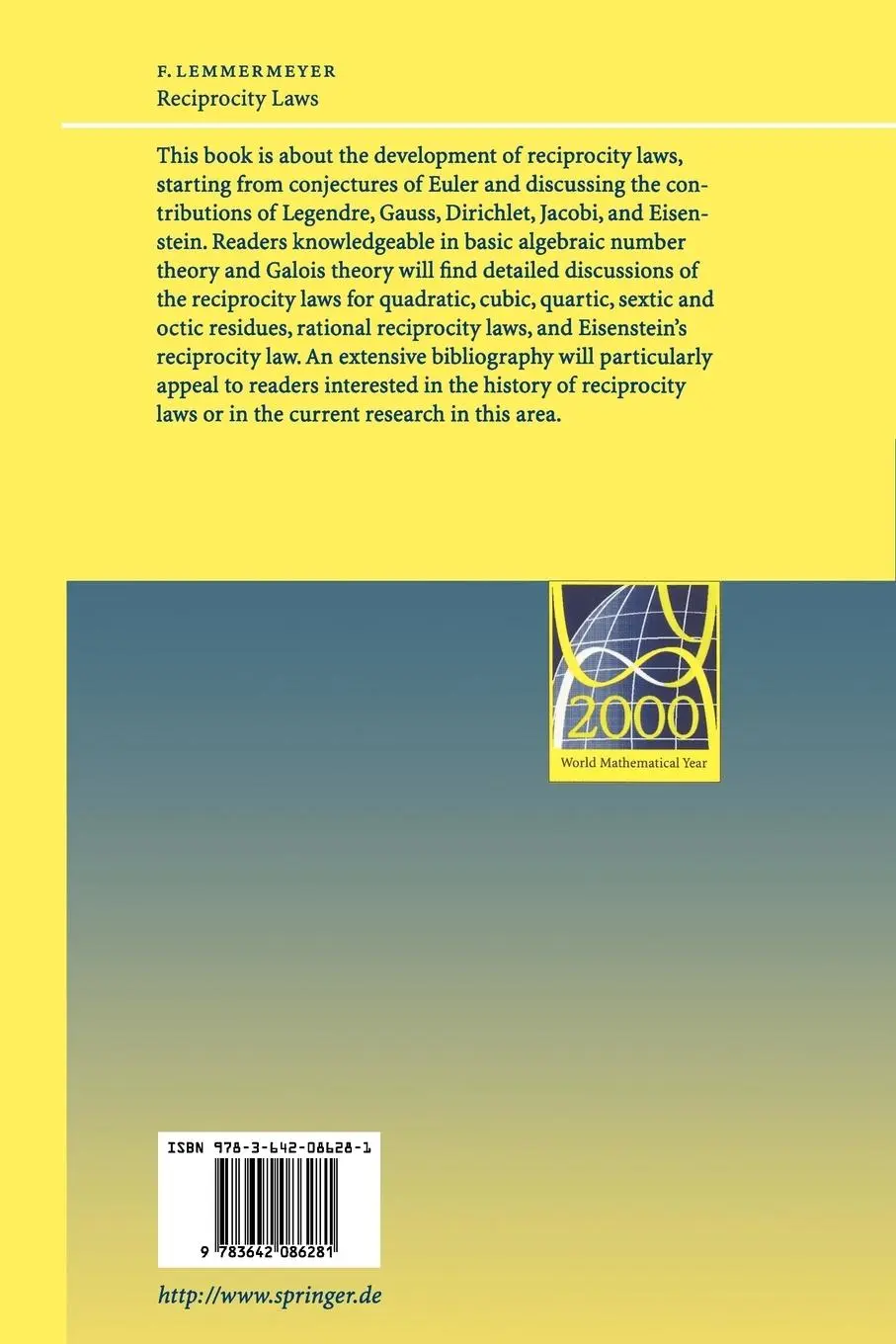Rückseite: 9783642086281 | Reciprocity Laws | From Euler to Eisenstein | Franz Lemmermeyer | Buch