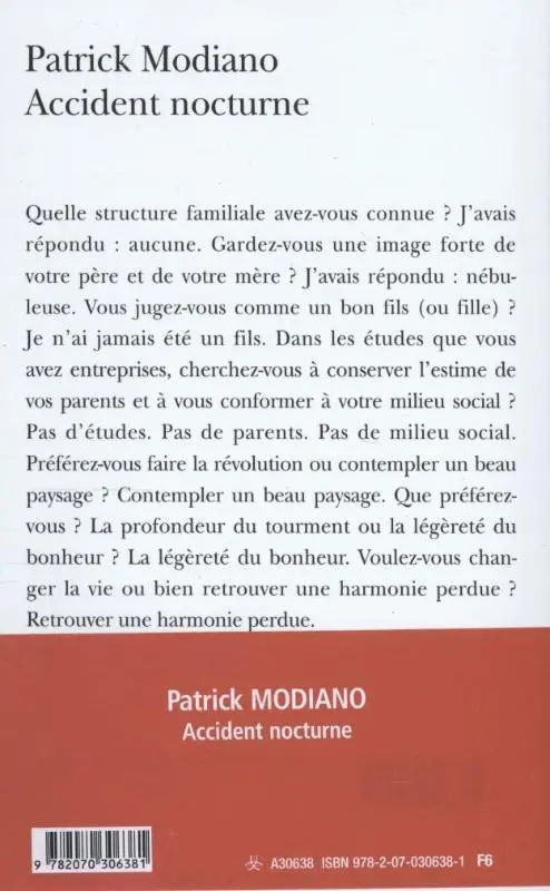 Rückseite: 9782070306381 | Accident nocturne | Patrick Modiano | Taschenbuch | 178 S. | 2005