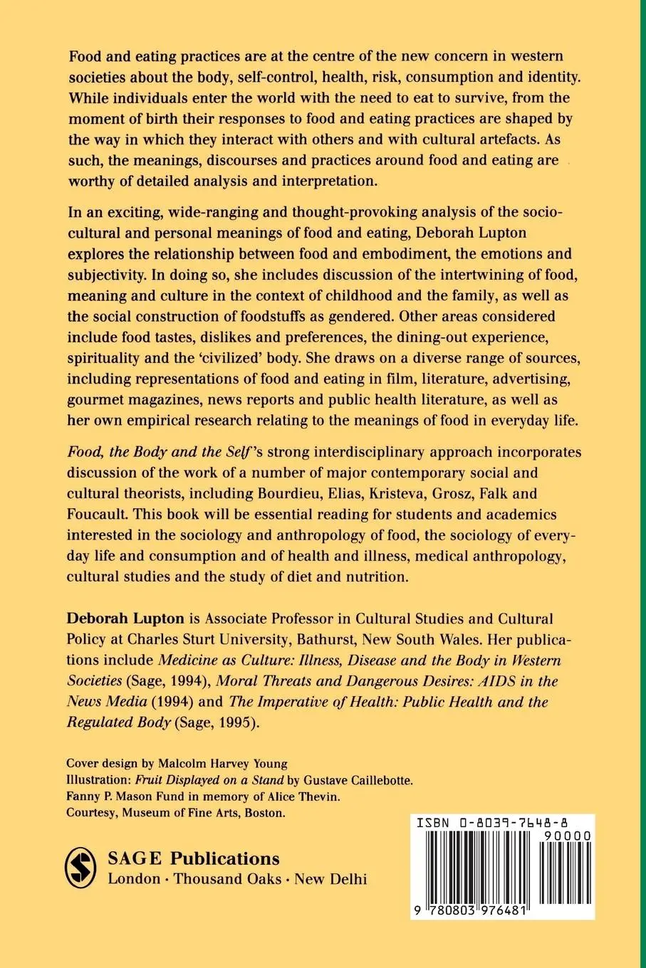 Rückseite: 9780803976481 | Food, the Body and the Self | Deborah Lupton | Taschenbuch | Englisch