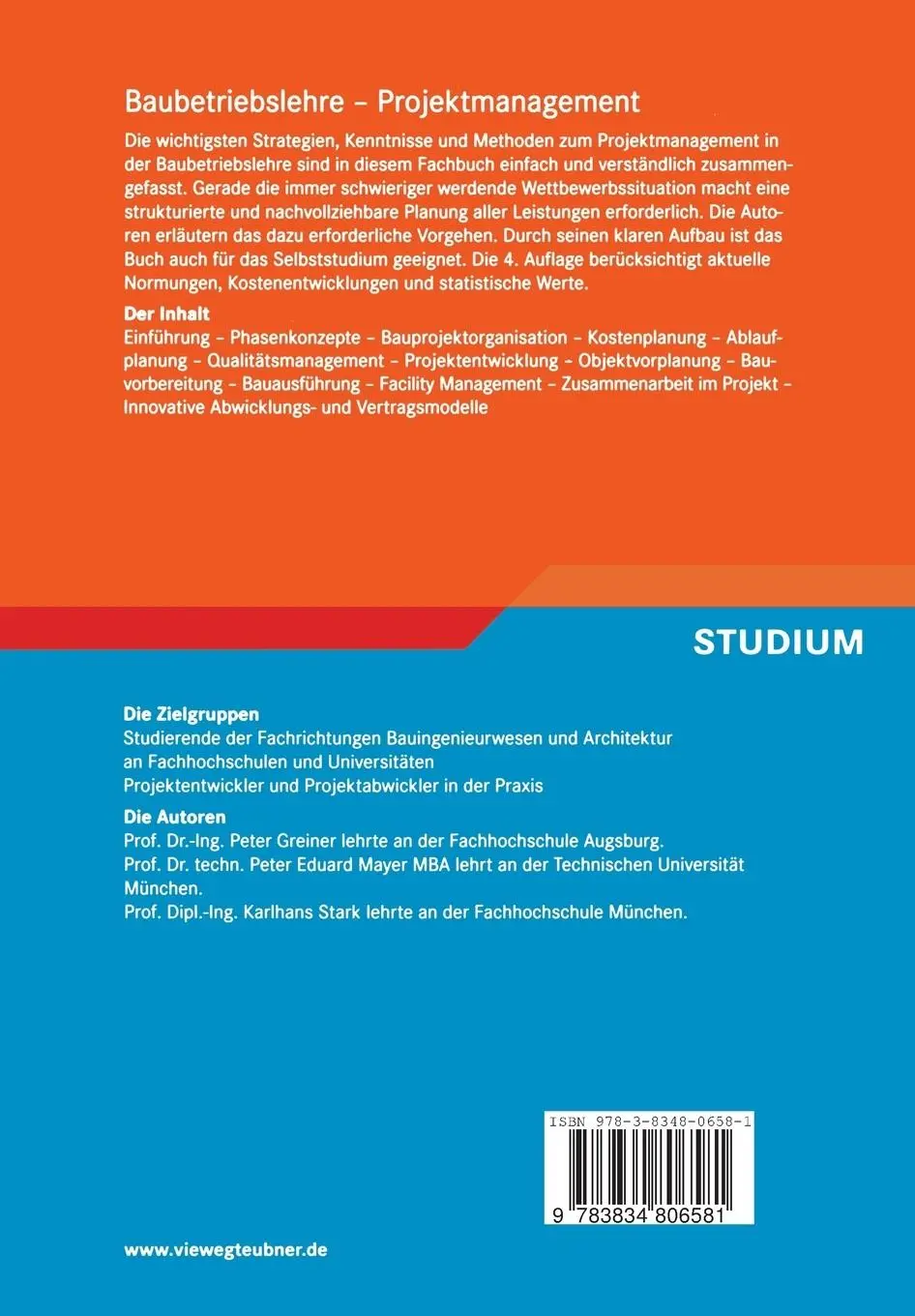 Rückseite: 9783834806581 | Baubetriebslehre - Projektmanagement | Peter Greiner (u. a.) | Buch