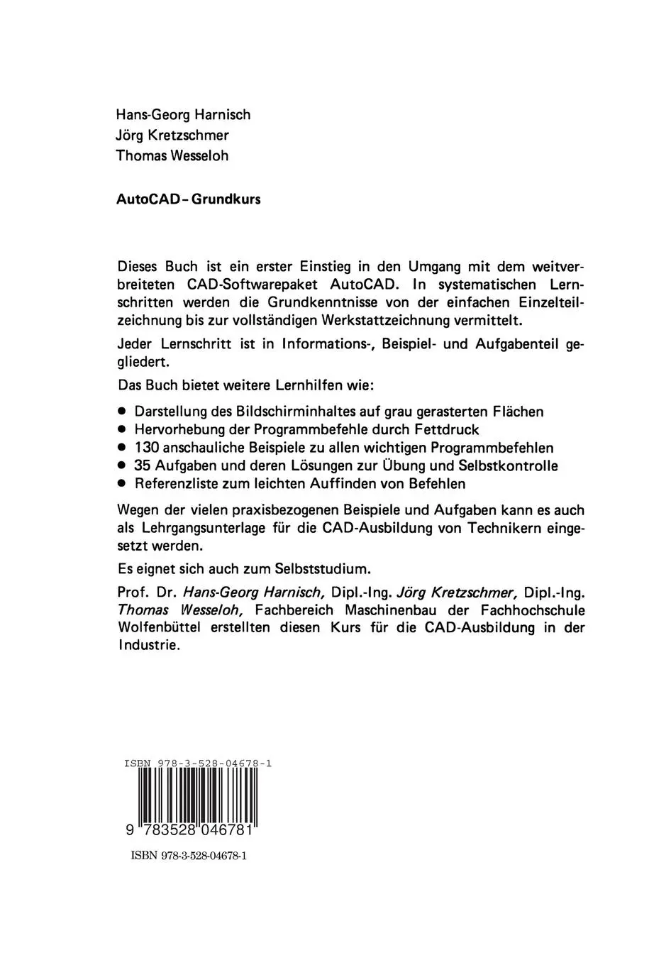 Rückseite: 9783528046781 | AutoCAD - Grundkurs | Lehr- und Übungsbuch | Hans-Georg Harnisch