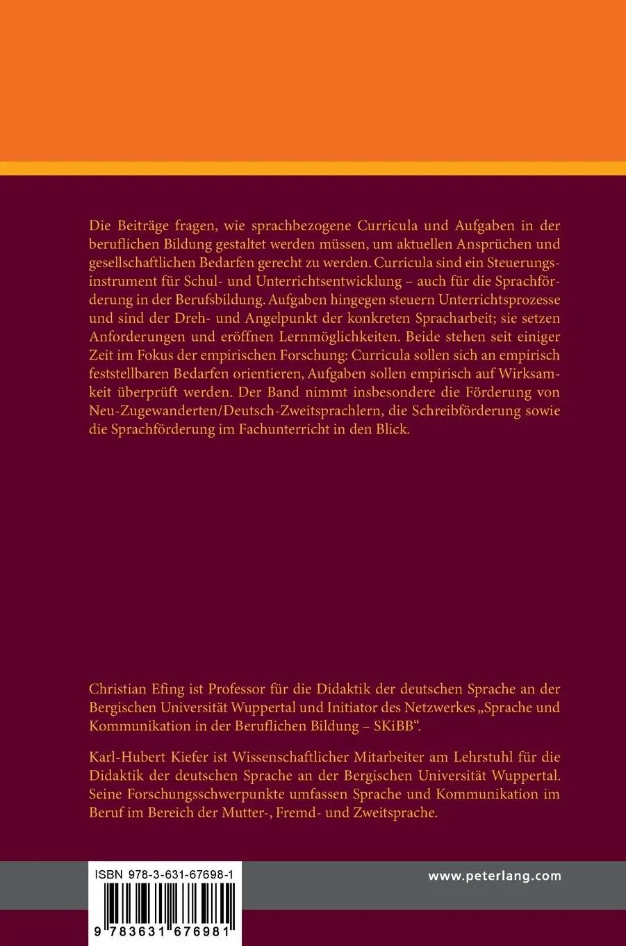 Rückseite: 9783631676981 | Sprachbezogene Curricula und Aufgaben in der beruflichen Bildung