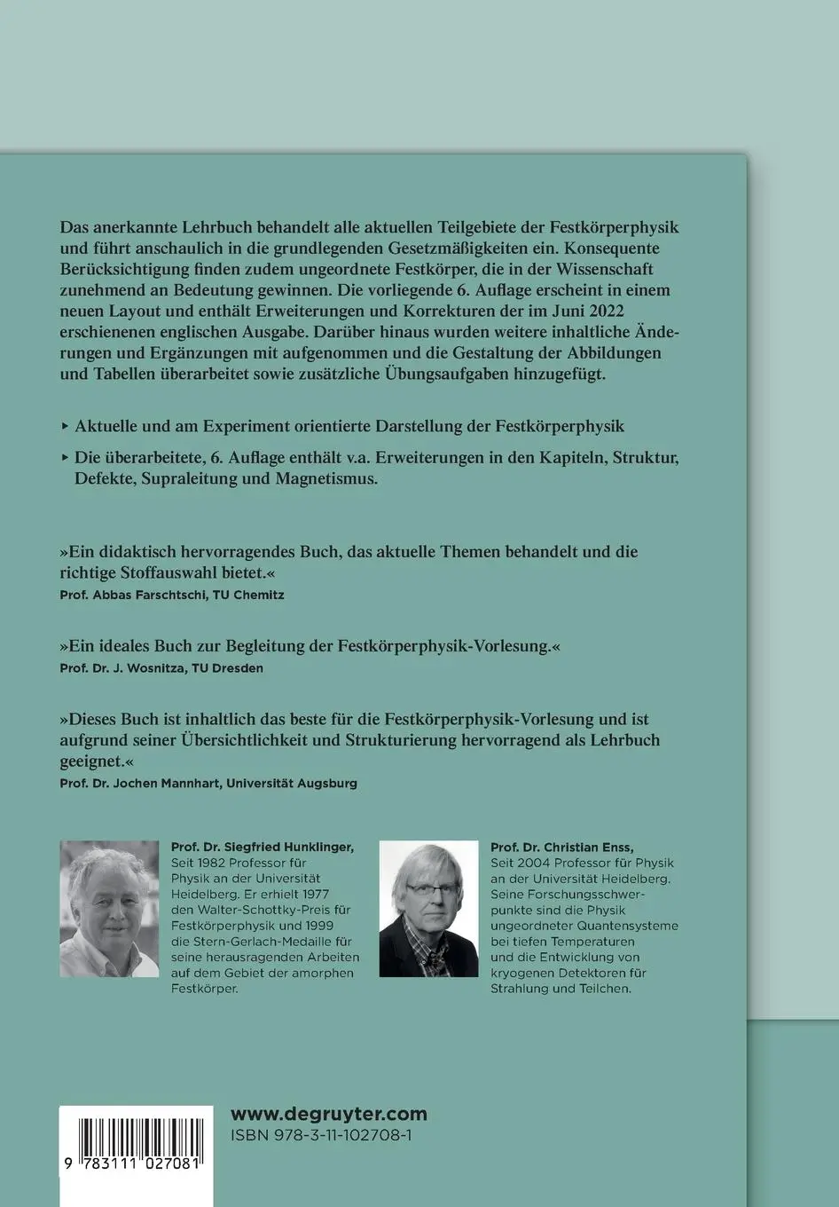 Rückseite: 9783111027081 | Festkörperphysik | Siegfried Hunklinger (u. a.) | Taschenbuch | XVI