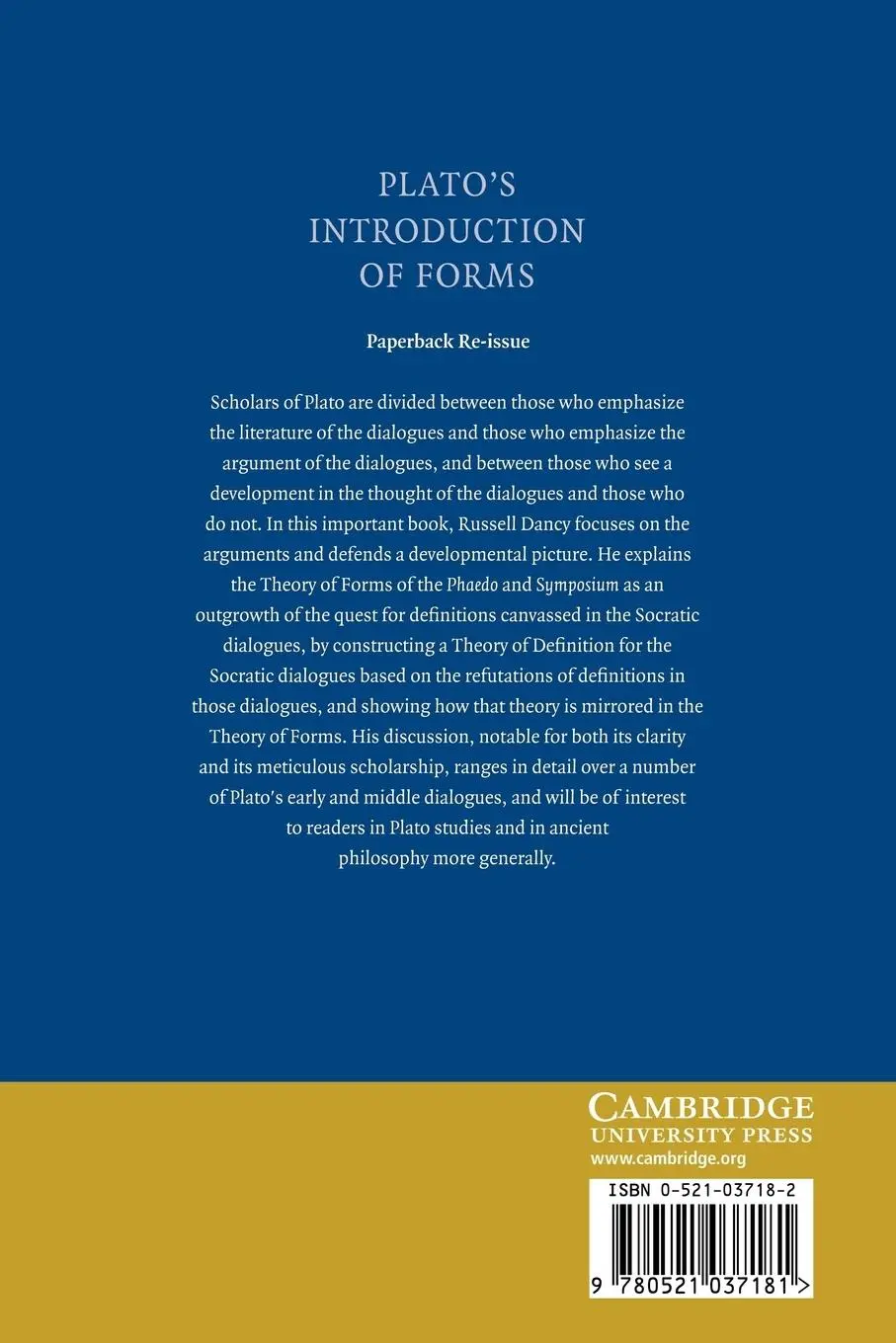 Rückseite: 9780521037181 | Plato's Introduction of Forms | R. M. Dancy (u. a.) | Taschenbuch