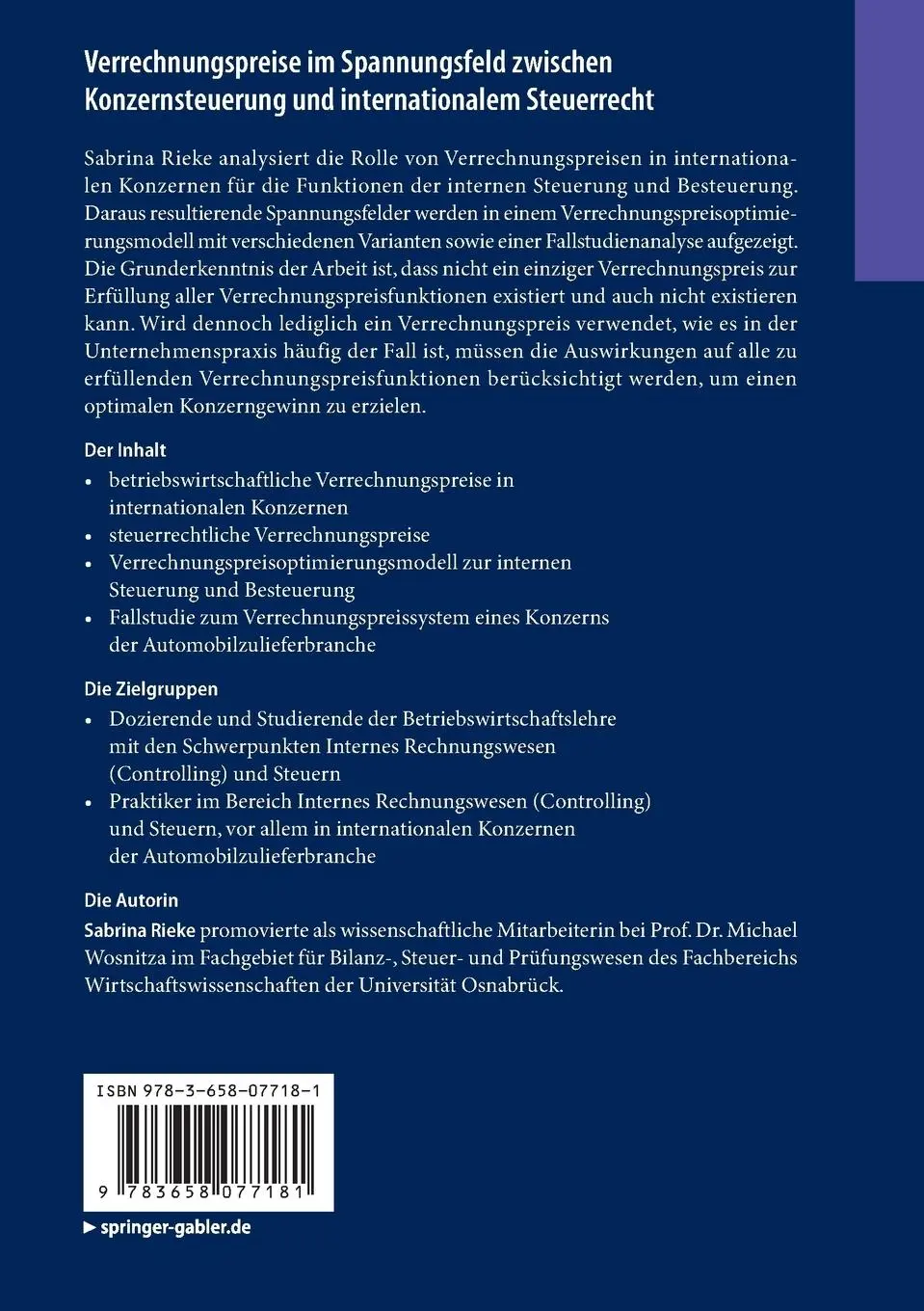 Rückseite: 9783658077181 | Verrechnungspreise im Spannungsfeld zwischen Konzernsteuerung und...