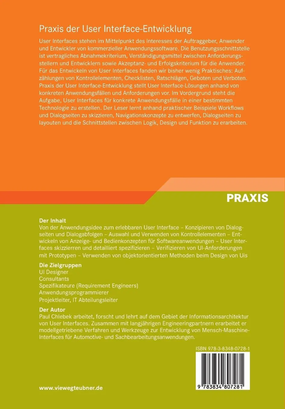 Rückseite: 9783834807281 | Praxis der User Interface-Entwicklung | Paul Chlebek | Taschenbuch