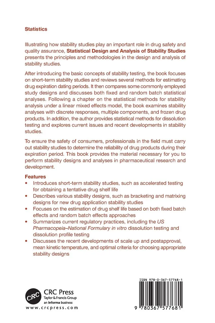 Rückseite: 9780367577681 | Statistical Design and Analysis of Stability Studies | Chow | Buch