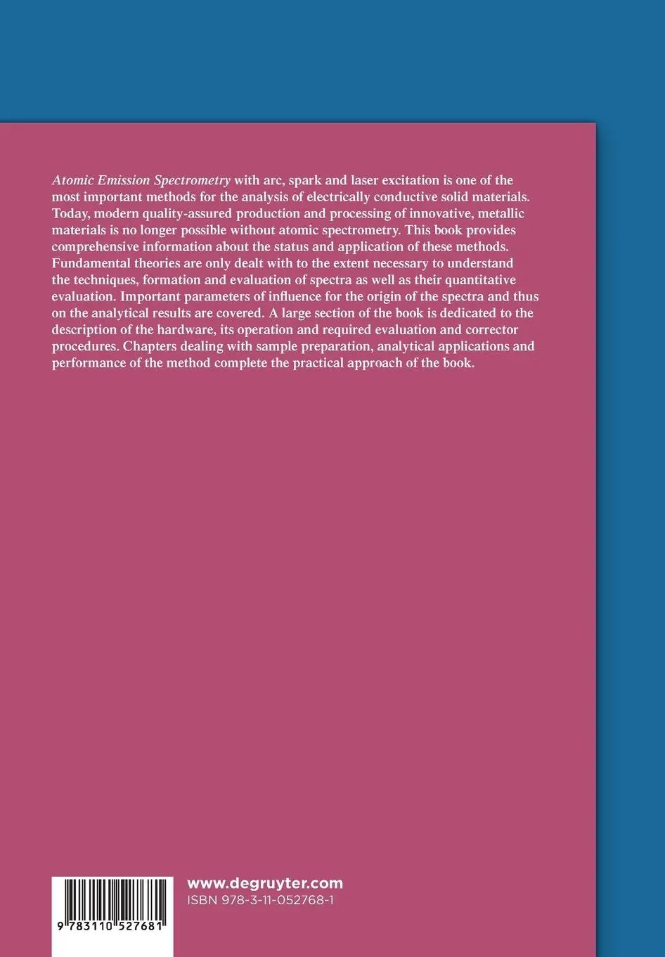 Rückseite: 9783110527681 | Atomic Emission Spectrometry | AES - Spark, Arc, Laser Excitation