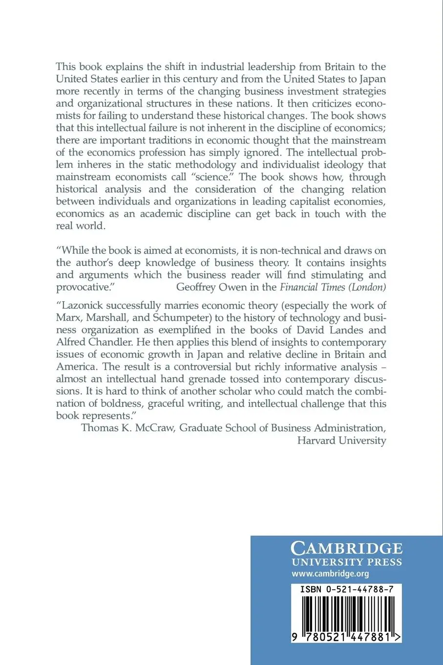 Rückseite: 9780521447881 | Business Organization and the Myth of the Market Economy | Taschenbuch