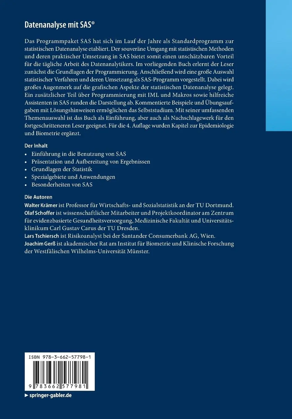 Rückseite: 9783662577981 | Datenanalyse mit SAS® | Walter Krämer (u. a.) | Taschenbuch | xiii