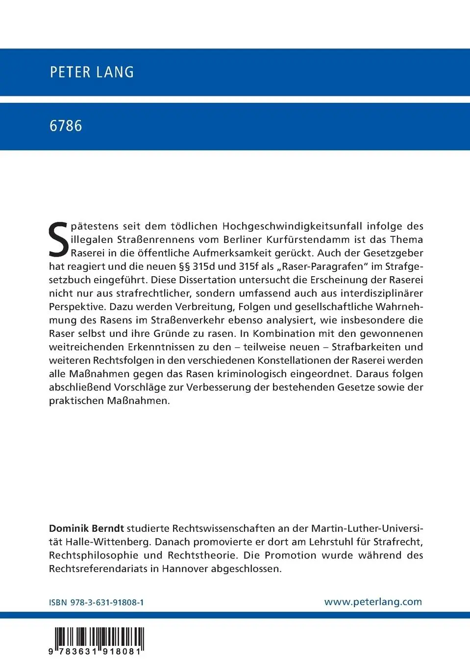 Rückseite: 9783631918081 | Rasen im Recht | Dominik Berndt | Taschenbuch | Deutsch | 2025